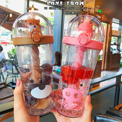 Cute web celebrity cartoon animal stir cup large capacity plastic cup male student couple water cup creative straw cup