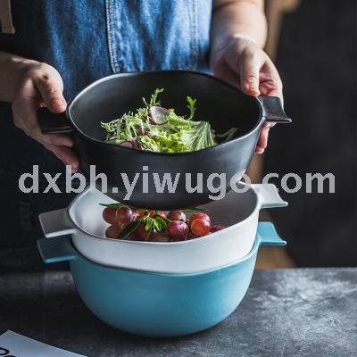 Nordic tableware irregular large soup bowl matte ceramic salad bowl home bowl large double ear soup bowl large dish