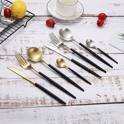 Black gold stainless steel knife, fork and spoon, three - piece set for dessert, fruit, fork, spoon, coffee, western tableware and tableware