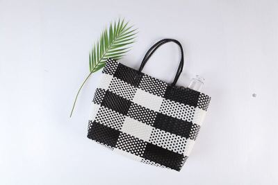 Contrast Color Vegetable Basket Hand-Woven Bag Large Capacity Beach Vacation Bag Striped Environmental Protection Hand