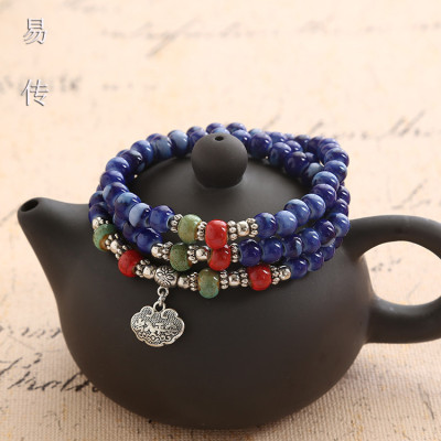 Jingdezhen manufacturers ethnic wind lady cool ceramic alloy woven three ring blue and gold bracelet gift accessories