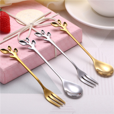Stainless steel spoon, creative coffee spoon, fruit fork wedding taking with hand gift spoon leaves spoon