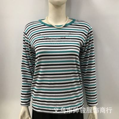 Spring and Autumn Clothing Middle-Aged and Elderly Women's Colored Cotton Striped Long-Sleeved Rhinestone round Neck Mom Bottoming Shirt Blype Thick Strip Stall