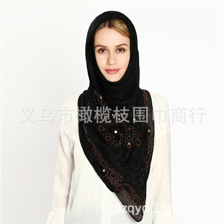 穆斯林盖头雪纺围巾 阿拉伯黑色烫钻丝巾 女士装饰披肩批发