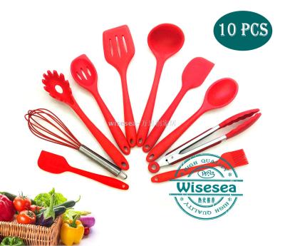 AMAZON HOT-SALE 4 8 10 PCS RED SILICONE KITCHEN UTENSILS GIFT SET SOUP LADLE TURNER CLAMP BRUSH SPATULA EGG BEATER