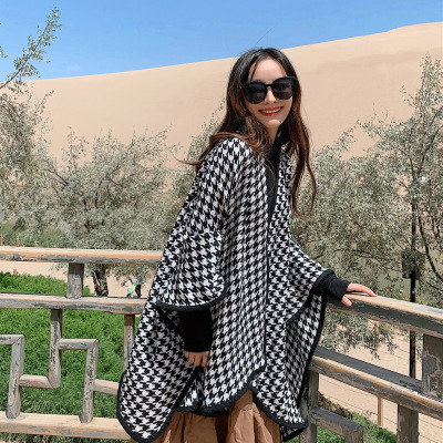 Women's Cashmere-like Split Scarf Large Cape Summer Office Black and White Houndstooth Shawl Sun Protection Keeping Warm Dual-Use
