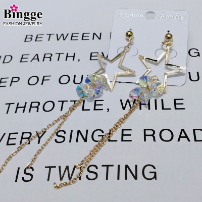 Exquisite crystal star earrings with long tassel pendant joker female style European and American foreign trade manufacturers direct sales