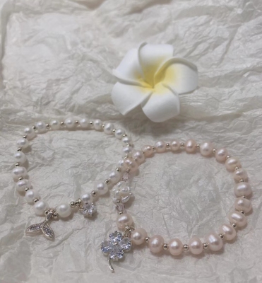 Natural stone crystal lady bracelet bestie love style white pearls And pink pearls