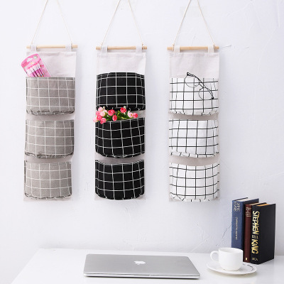 Self-Produced and Self-Sold Creative Cotton and Linen Waterproof Hanging Storage Bag 3-Layer Hanging Bag Plaid Fabric Storage Bag behind the Door