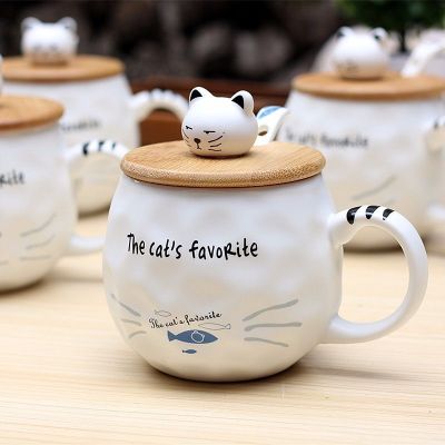 Wooden cover cat ceramic cup cat fish with spoon round cup cartoon water cup student gift mugs custom