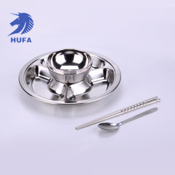 Stainless Steel round Four Grid Fast Food Plate Student Fast Food Plate with Bowl Student/Children Fast Food Plate Electrolytic Process