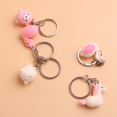 PVC Cartoon Doll Schoolbag Ornaments Car Key Chain Cute Sheep Swan Unicorn Keychain Customizable