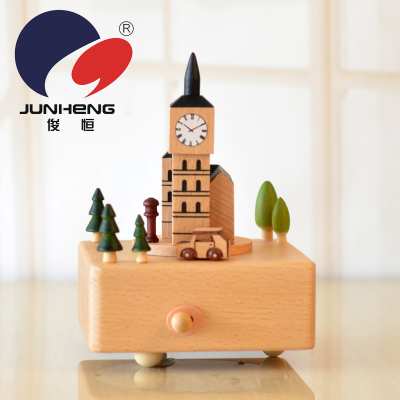 European-Style Simple Big Ben Bell Tower Building Model Music Box Birthday Gift Wooden Craftwork Music Box Customization