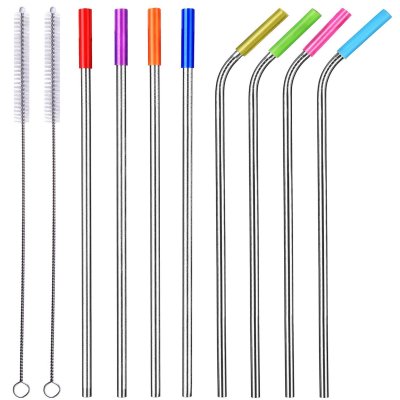 Exclusive for Cross-Border Food Grade 304 Stainless Steel Straw Straight Pipe Elbow Set Teeth Anti-Collision Edible Silicon Mouth