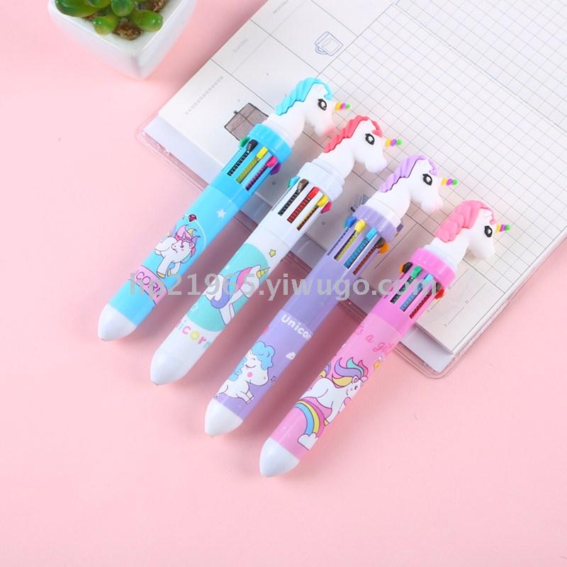 独角兽卡通圆珠笔 独角兽硅胶头10色卡通圆珠笔 韩版多色圆珠笔
