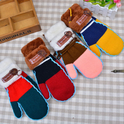 Korean winter yarn splicing color refers to men and women riding with added wool and thick wool mouth gloves