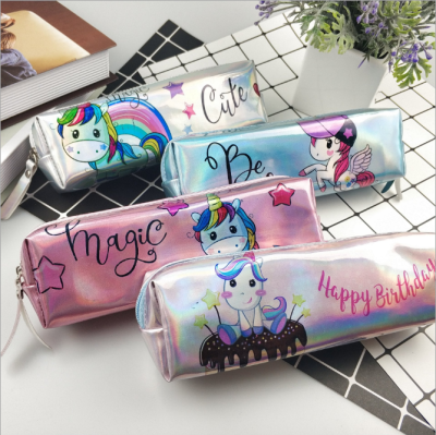 Unicorn pen bag, laser pencil bag, PU stationery bag, cartoon cosmetic bag, handbag