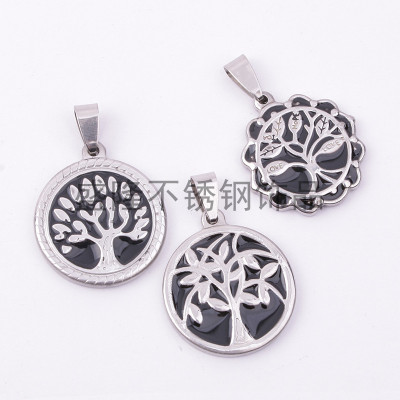 European and American round stainless steel pendant necklace engraved wishing tree long chain men and women jewelry gifts