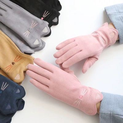 Ladies suede autumn/winter gloves with fleece and thick anti-wind and anti-cold Korean version cute student bike touch screen