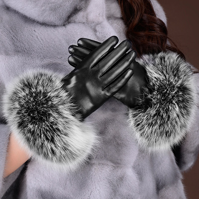 leather gloves for ladies winter super large fox fur mouth plus velvet thickened warm touch screen fur mouth gloves