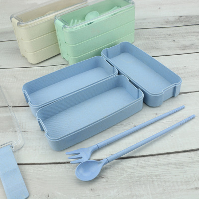 Three-layer rice box with wheat straw and spoon fork for students, office workers, portable household crisper box gift fabric logo