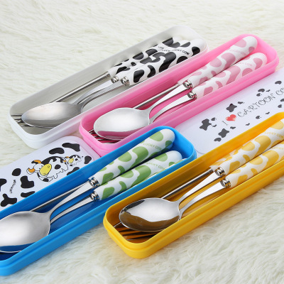Creative cartoon ceramic handle stainless steel cutlery spoon, fork chopsticks portable children cutlery three - piece gift set