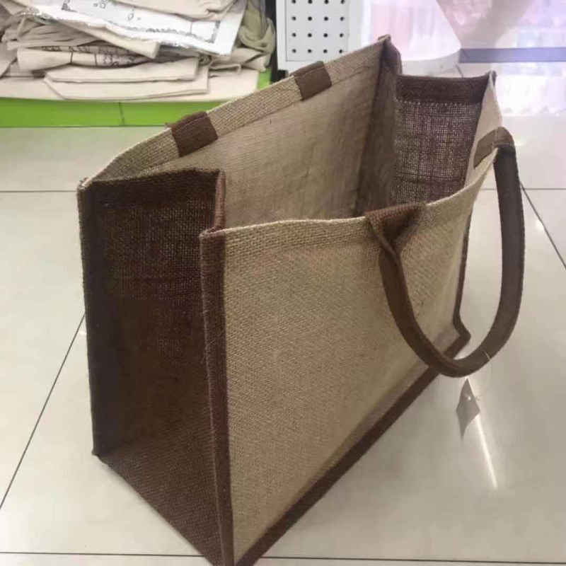 侧面拼色麻布袋手提环保黄麻布袋