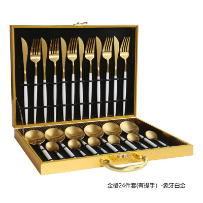 H cross border 304 podcast cutlery 16/24 pieces wooden box set stainless steel cutlery, black gold pointed handle knife, fork, spoon and chopsticks