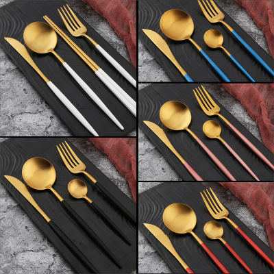 H cross border black gold stainless steel four - piece set of Portuguese cutlery/ins gold 304 knife, fork and spoon set
