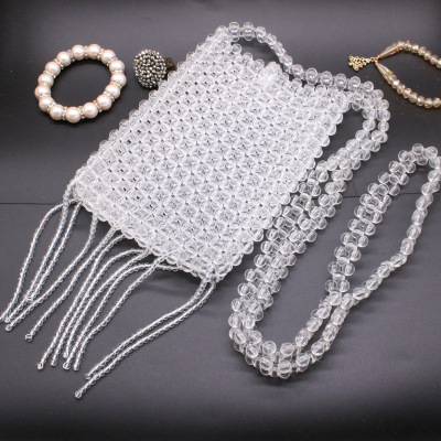 Transparent beaded bag for mobile phone new ins pearl acrylic tassel cross-body bag hand-woven single-shoulder bead bag