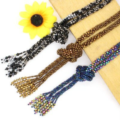 European and American new style hand-crochet elastic rice bead crystal necklace long style tassel sweater necklace waist chain multi-purpose