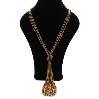 European and American foreign trade crystal tassel necklace female retro personality long handmade rice necklace accessories wholesale