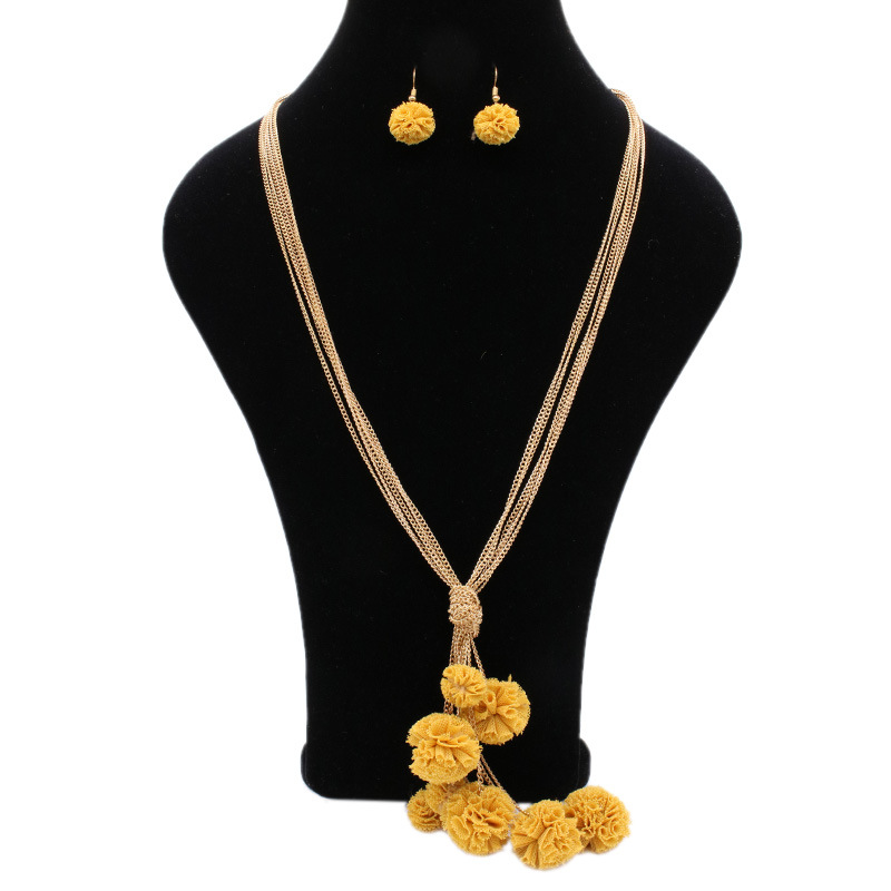 欧美时尚手工布艺花朵长项链 秋冬创意多层链条毛衣链女耳环套装