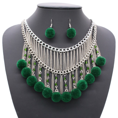 Europe and the United States cross - border new hair ball tassel necklace retro national style multi - layer chain necklace earrings set ornaments