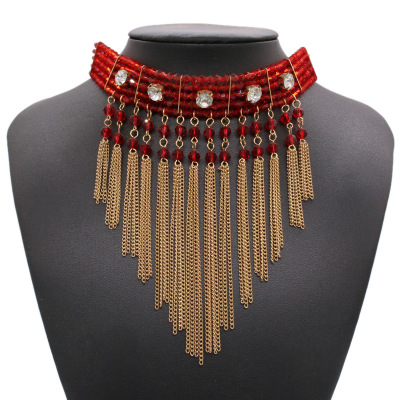 Retro ethnic style chain tassel necklace female European and American fashion crystal set diamond collar chain necklace wholesale