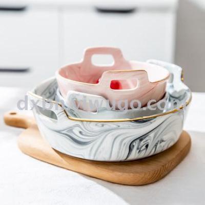 Nordic marble creative double ears fruit salad bowl household Japanese tableware ceramic soup bowl noodle bowl