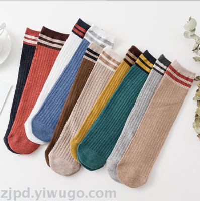 Japanese lady straight plate pile pile socks cotton socks female autumn new two bars in tube stockings two bars