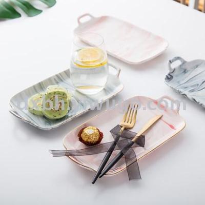 Creative Nordic marble tableware dishes home double ears handle rectangular ceramic western food plate pastry plate