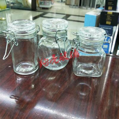 Small buckle glass bottle mini square glass jar sealed with iron buckle