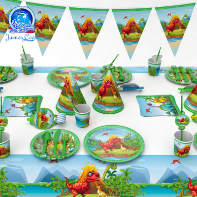 Green and white dinosaur cartoon version of birthday party supplies decoration atmosphere layout props paper tableware