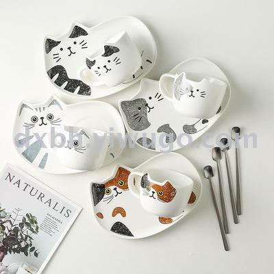 Japanese cat ceramic coffee cup saucer cartoon cute coffee cup with tray set afternoon tea office water cup