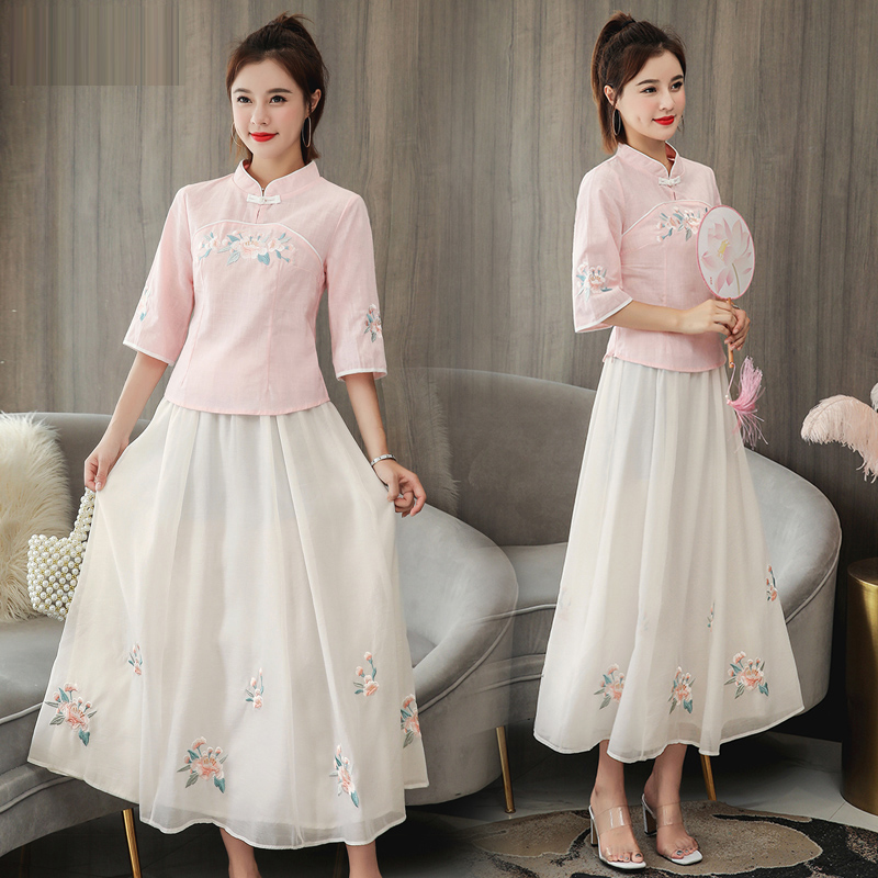 女装中国风两件套装裙子长袖复古风女改良旗袍汉服连衣裙