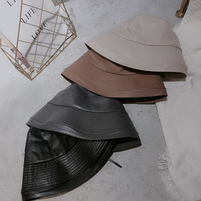 Instagram web celebrity leather bucket cap 2019 autumn/winter fashion trend high top fisherman cap PU leather basin cap street cap