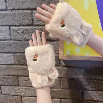 Rabbit hair half finger gloves female winter flip-cover dual-purpose with fleece thickened warm student Korean version turnip cartoon gloves