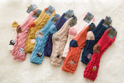 New coral wool socks cartoon embroidery floor socks winter thick warm socks home wholesale