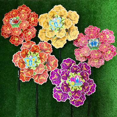 Hot-Selling New Arrival Cartoon Double-Layer Flower Type Golden Peony Windmill Children's Toy Garden Decoration Customization Wholesale