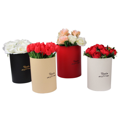 Leather pattern round hold drum flower box three-piece set of new cylinder line drum shape paper packaging box can be customized