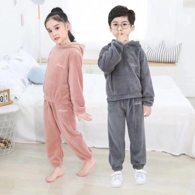 2019 Flannel Children's Hooded Long-Sleeved Warm Homewear Suit Casual Printed Children's Pajamas Autumn and Winter