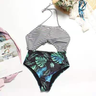 2019 new European and American style fashion personality pitch back tight stripe one-piece bikini swimsuit