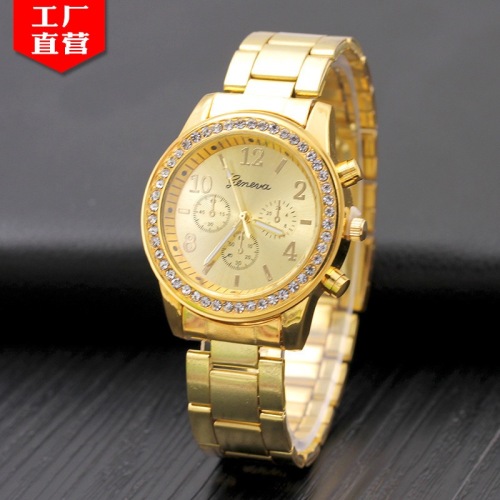 Popular Geneva Three-Eye Diamond Alloy Women‘s Watch Fork Ear Steel Belt Casual Ornament Watch Women‘s Wholesale